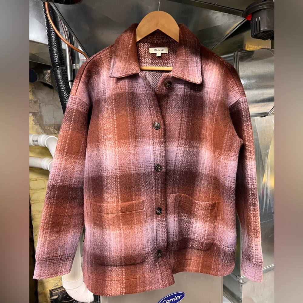 Madewell Brushed Plaid Knit Shirt Jacket pink brown Shacket Coat - women’s S